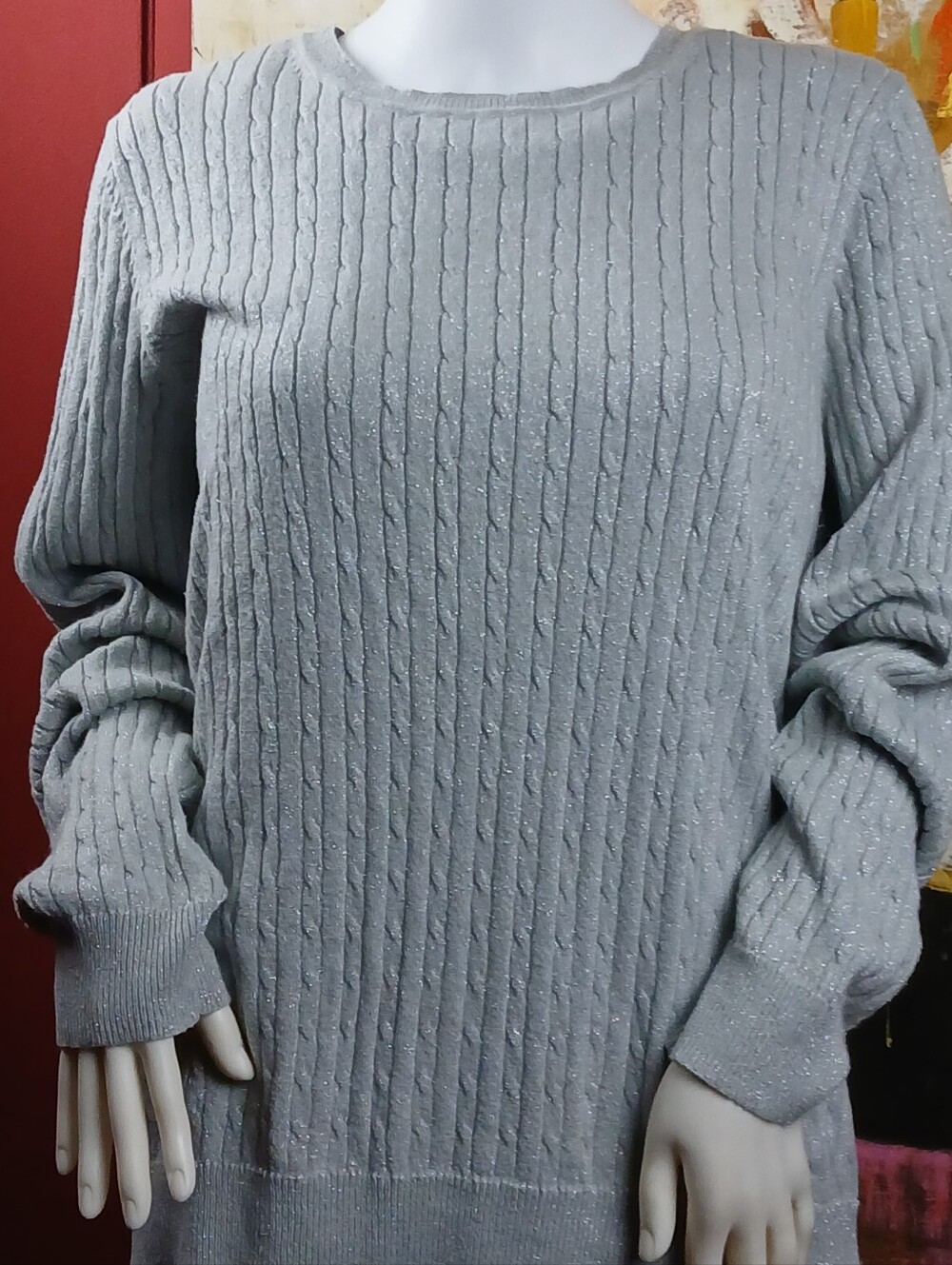 Kim Rogers Light Gray Ribbed Sparkle Crewneck Sweater